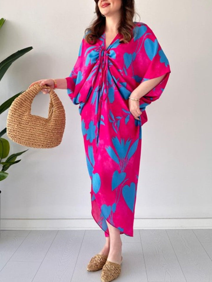 ARAVESSA – PRINTED BAT SLEEVE V-NECK DRESS