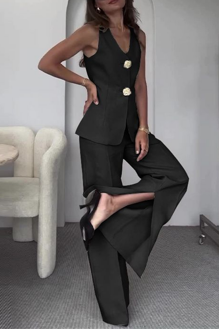 ARIANWEN – ELEGANT SOLID COLOR PATCHWORK V-NECK TWO-PIECE SET