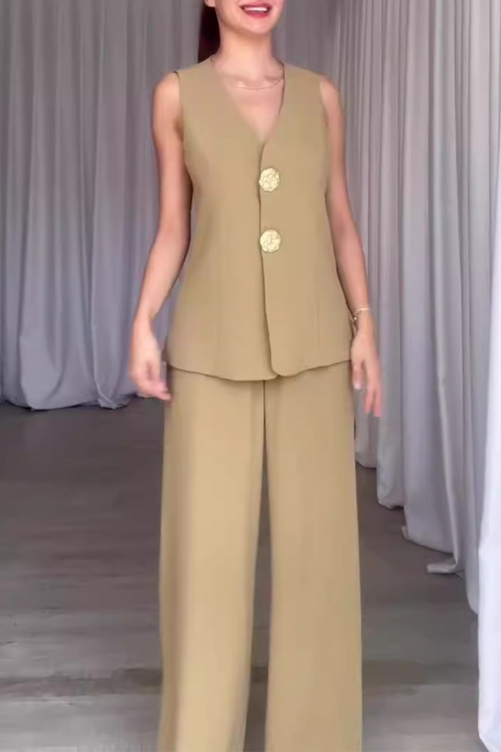 ARIANWEN – ELEGANT SOLID COLOR PATCHWORK V-NECK TWO-PIECE SET