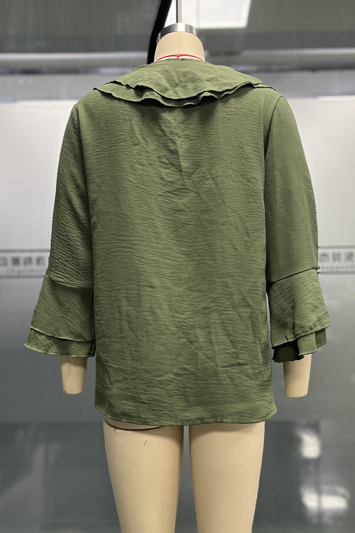 ARIETTA – CASUAL SOLID COLOR RUFFLE V-NECK BLOUSE