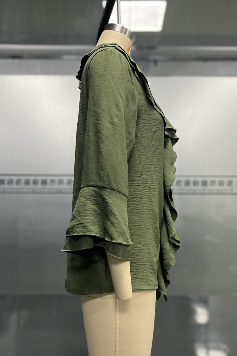 ARIETTA – CASUAL SOLID COLOR RUFFLE V-NECK BLOUSE