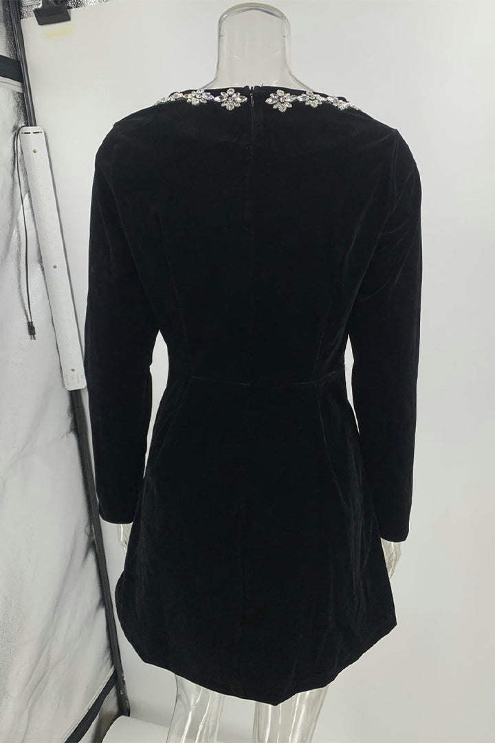 CALIANA – ELEGANT POCKET RHINESTONE DECOR SQUARE NECK A-LINE DRESS