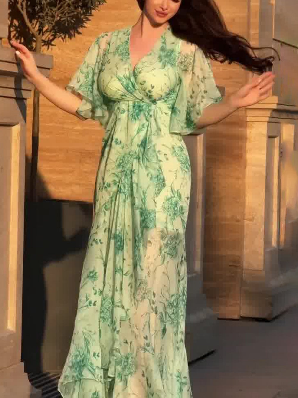 GALILEA – CHIC V-NECK DRESS WITH ARTISTIC PRINTS