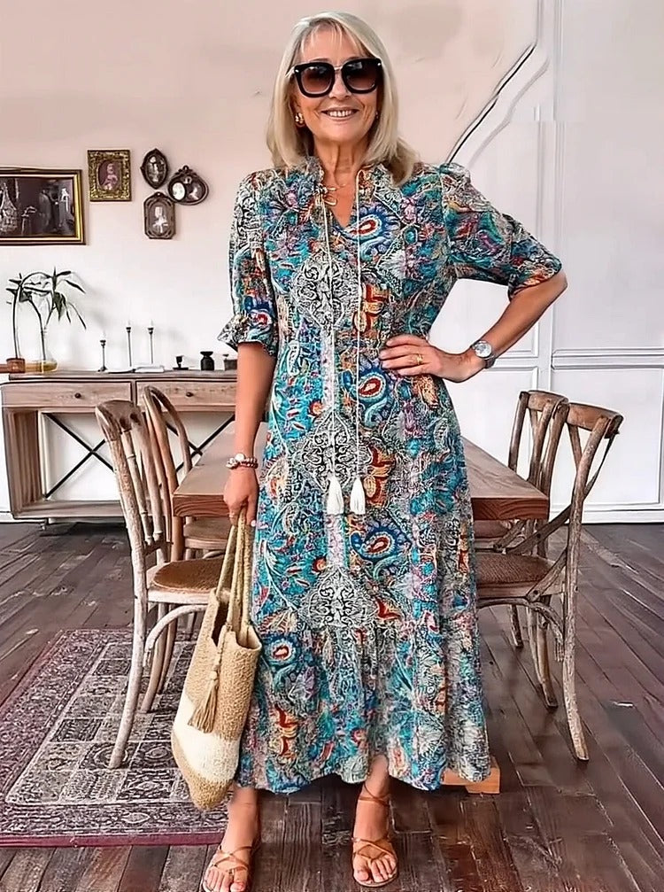 REVAYA – BOHEMIAN PAISLEY TASSEL TIE DRESS