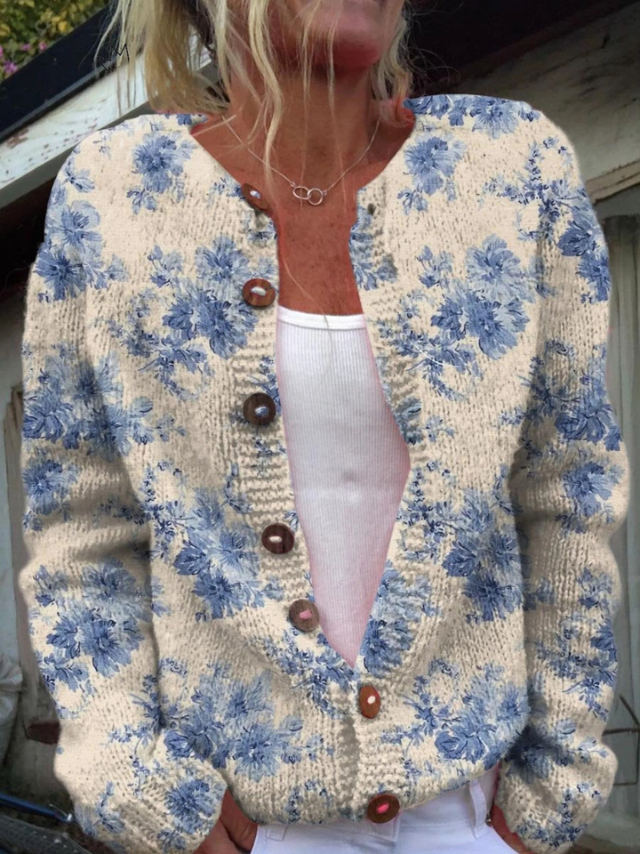 Women's Lovely Floral Art Print Buttoned Cardigan