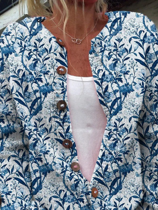 Elegant Blue And White Floral Print Buttoned Cardigan