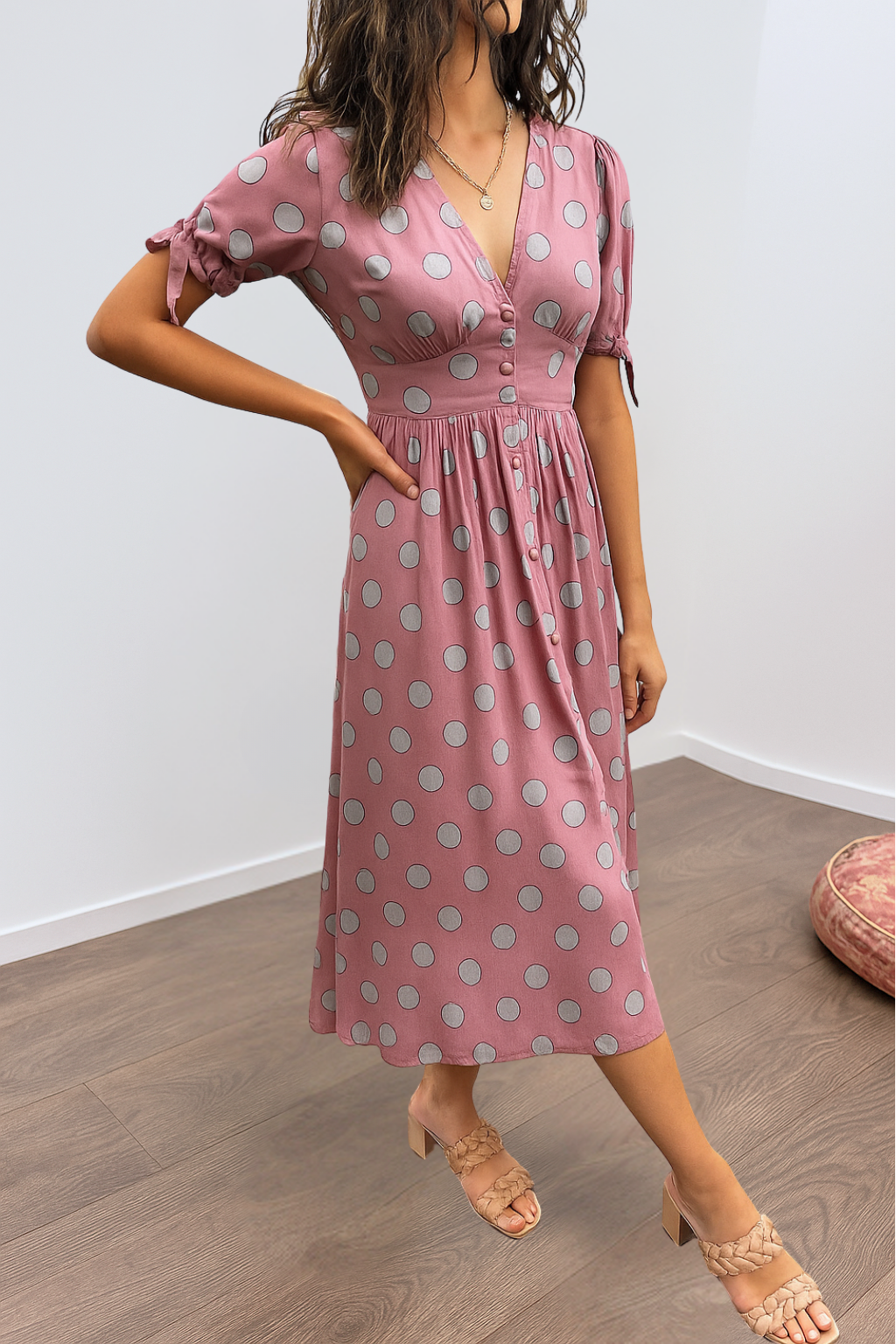 FREYA – ELEGANT POLKA DOT DRESS WITH V-NECK