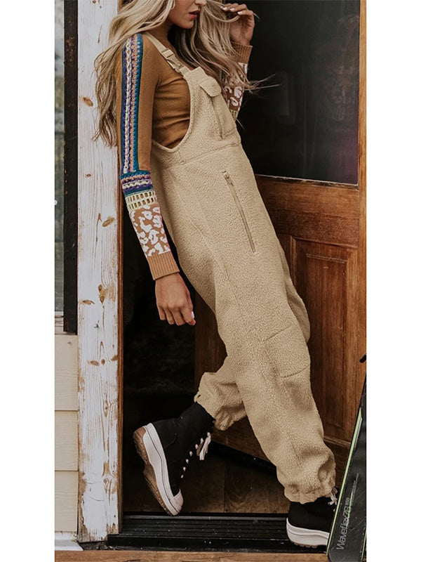 Fleece Thermal Overalls with Zipper Pockets for Women