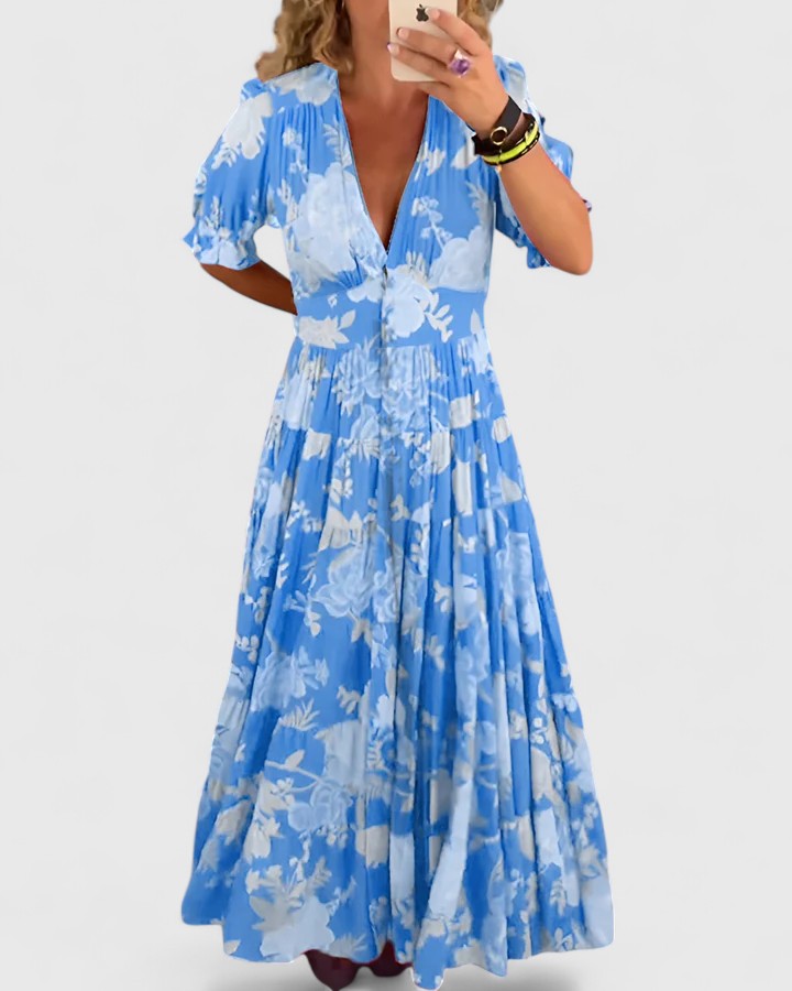 AUREVEA – ELEGANT FLORAL V-NECK DRESS