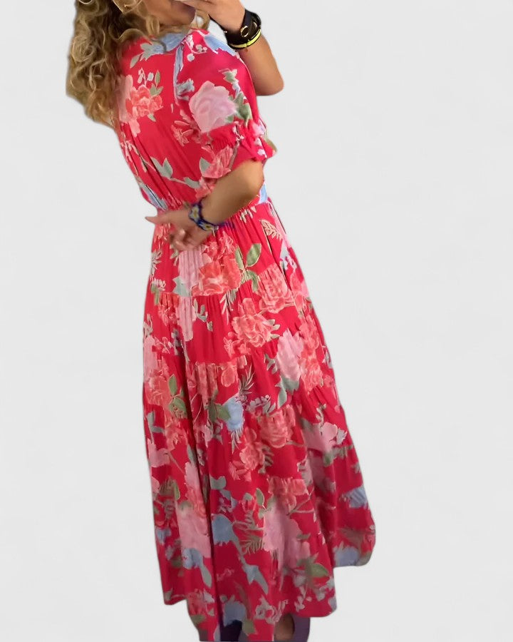 AUREVEA – ELEGANT FLORAL V-NECK DRESS