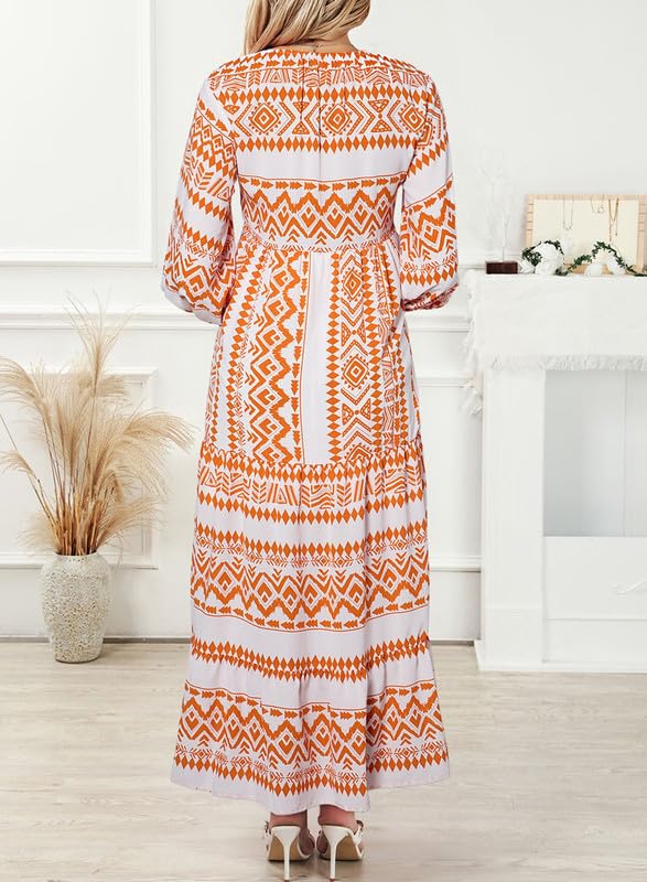 WINONA – WOMEN'S PUFF SLEEVE GEOMETRIC BOHEMIAN MAXI DRESS