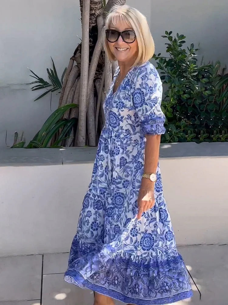 FIORA-LYN – BOHO DEEP V NECK FLORAL DRESS