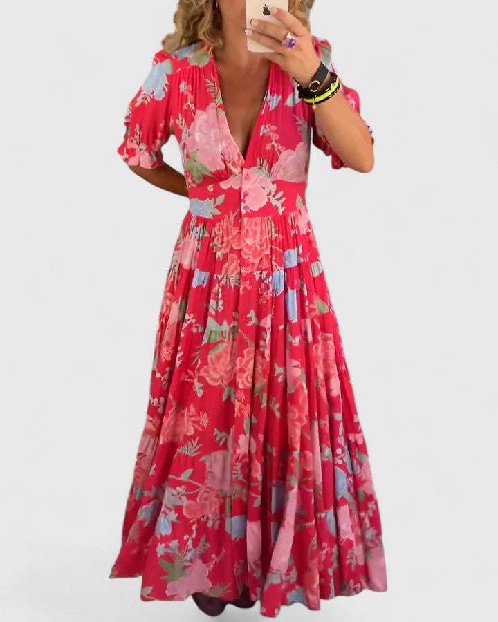 AUREVEA – ELEGANT FLORAL V-NECK DRESS