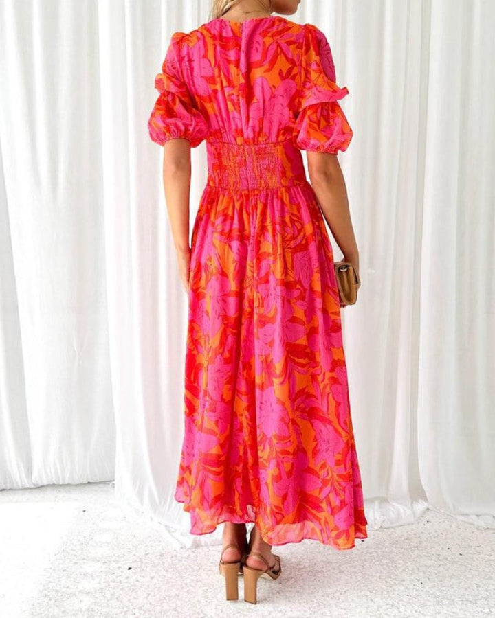 Sierra - Elegant V-neck Puff Sleeve Maxi Dress