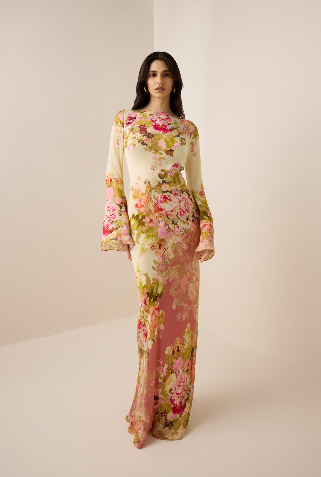 AVIANA – FLORAL LONG DRESS WITH BELL SLEEVES
