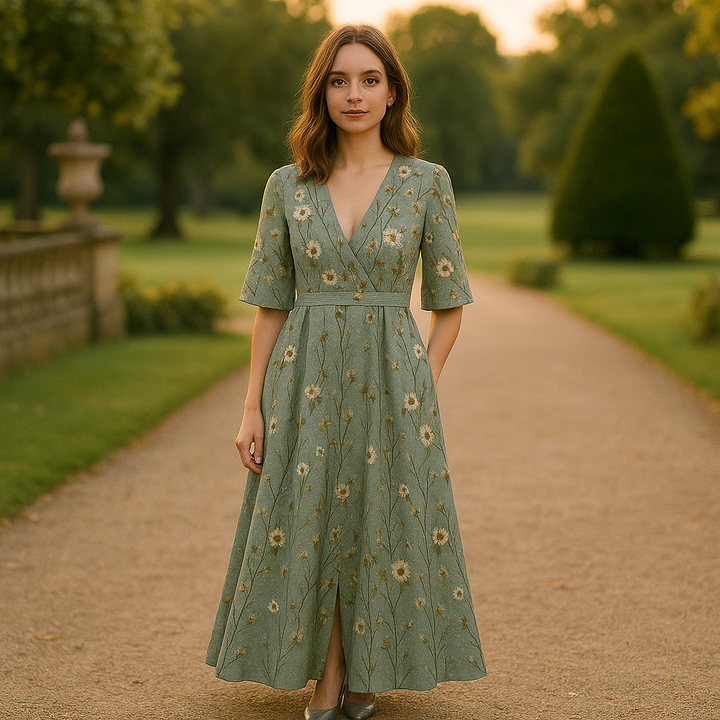 Hazel - Elegant V-Neck Belted Boho Dress