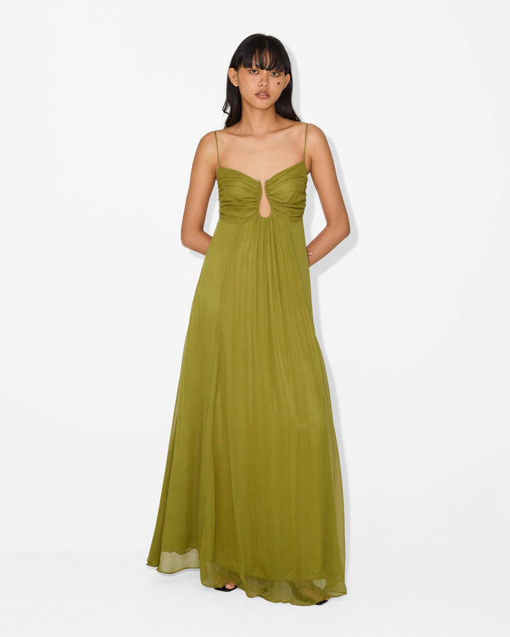 KORA – SUN-WASHED OLIVE RUCHED MAXI DRESS