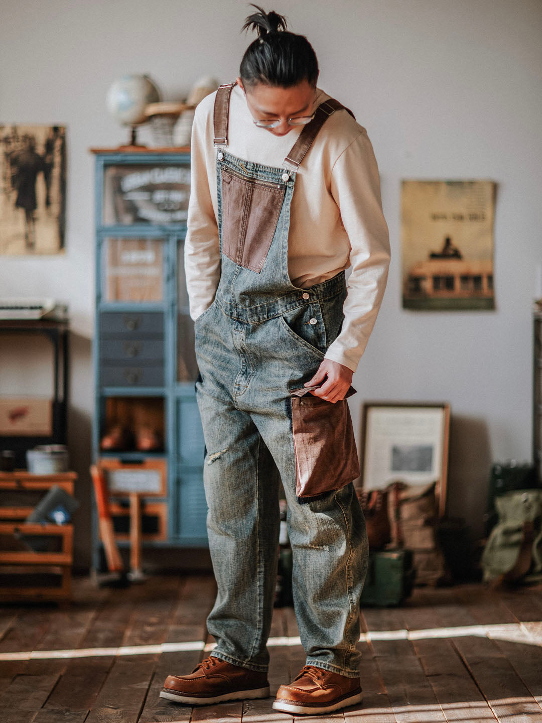 Men's Dungarees in Contrasting Distressed Denim