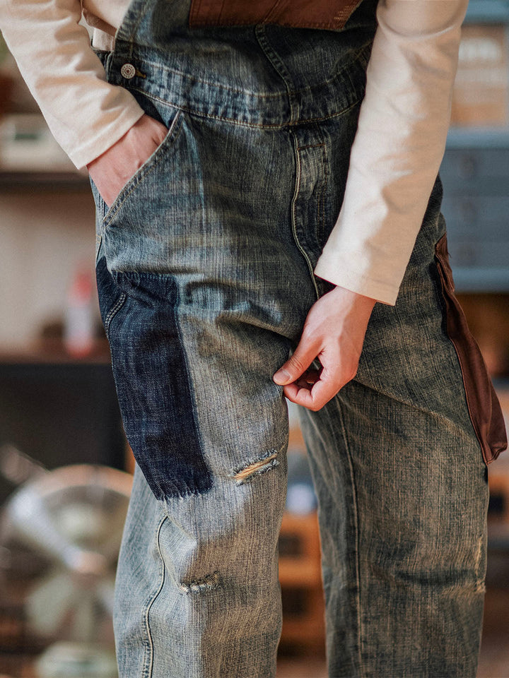 Men's Dungarees in Contrasting Distressed Denim