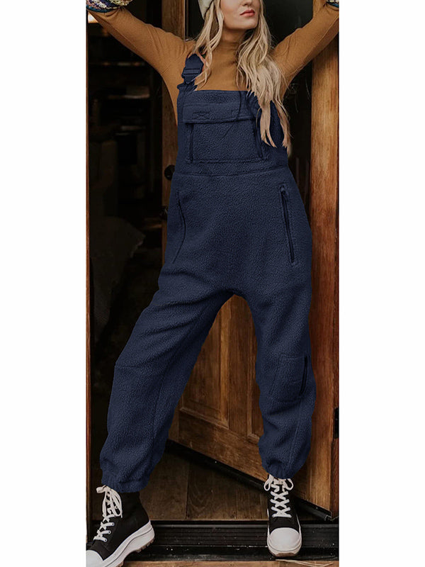 Fleece Thermal Overalls with Zipper Pockets for Women