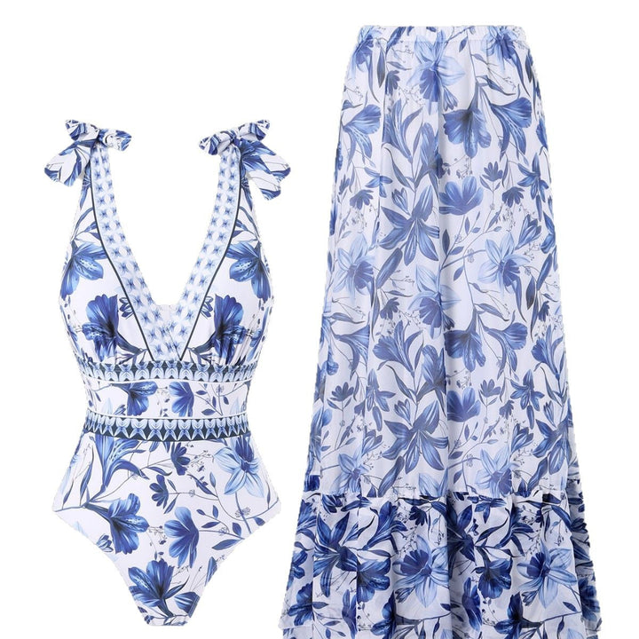 EMBERLY – BLUE AND WHITE PORCELAIN SWIMSUIT WRAP SKIRT SUIT