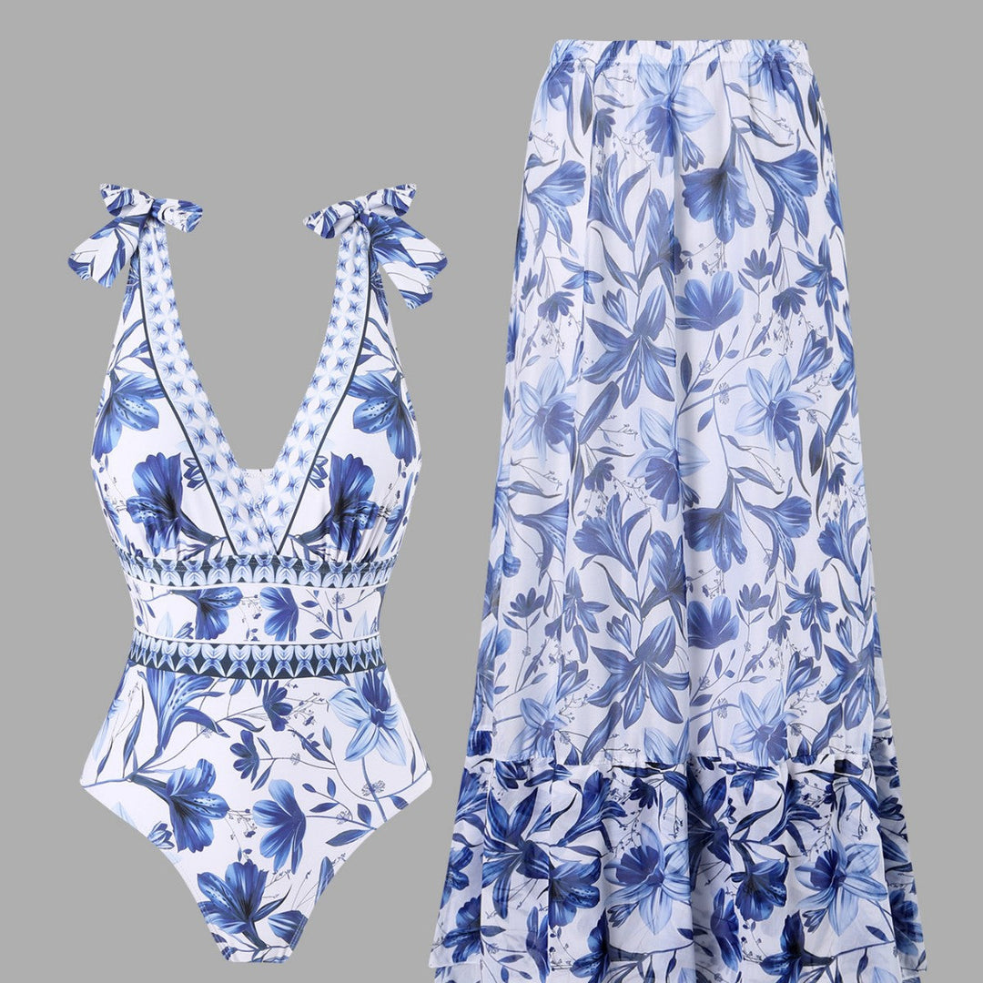 EMBERLY – BLUE AND WHITE PORCELAIN SWIMSUIT WRAP SKIRT SUIT
