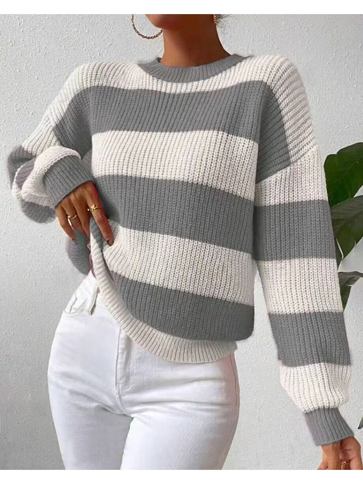 Women's Striped Long Sleeve Crew Neck Sweater