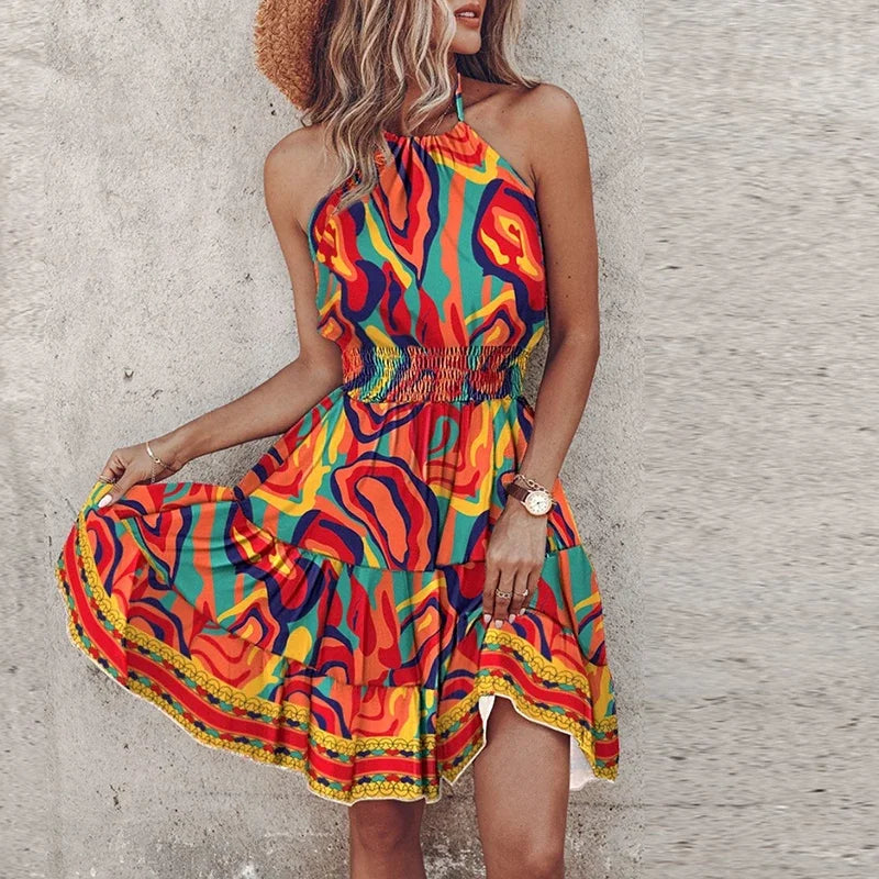 KORA – COLORFUL BOHEMIAN V-NECK MIDI DRESS