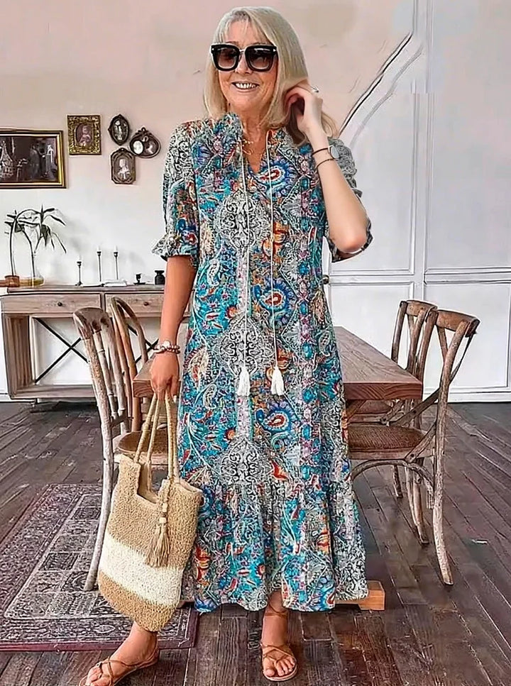 LUNESTRA – BOHO DRAWSTRING NECK MAXI DRESS
