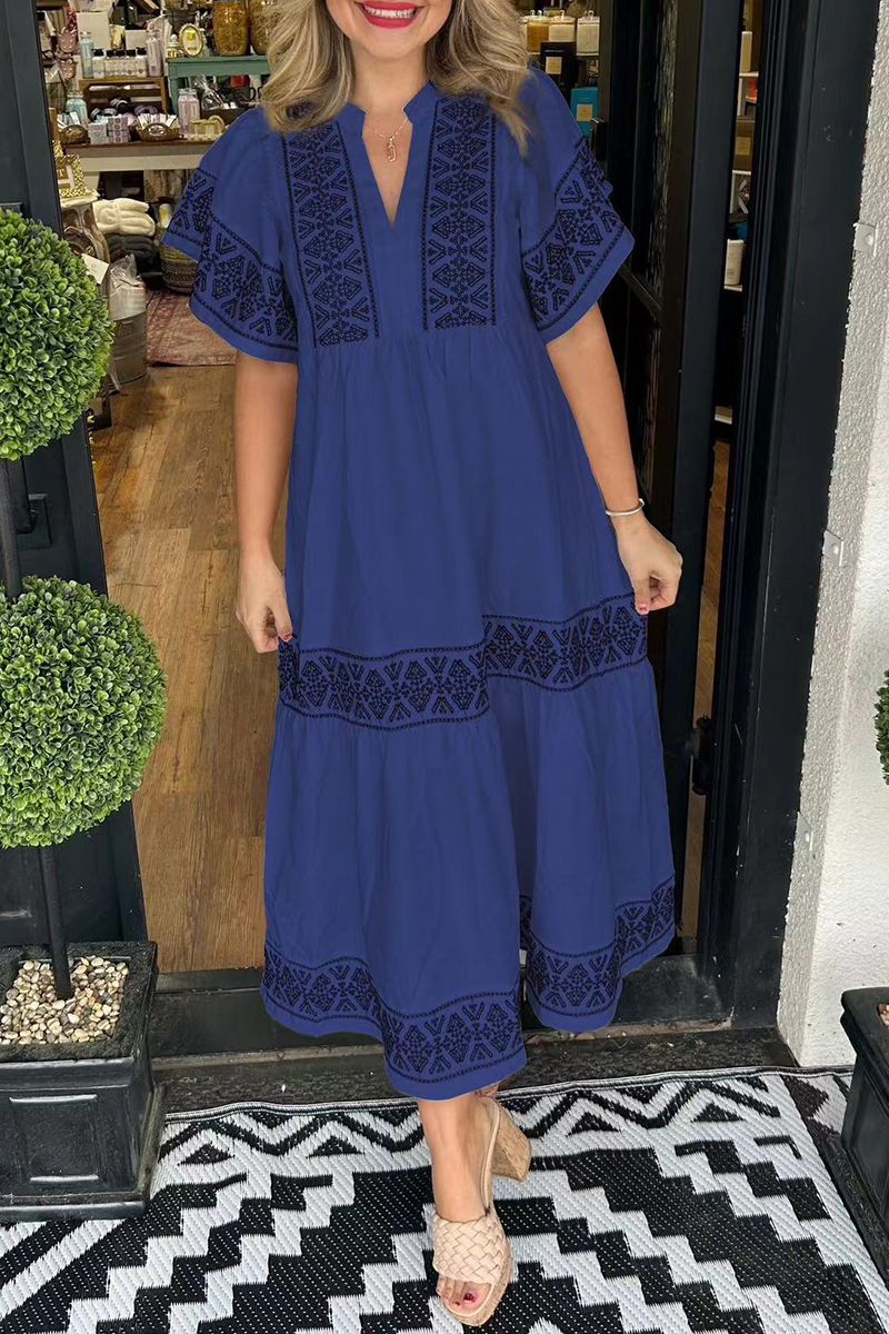 SORAYA – GEOMETRIC PRINT PATCHWORK V-NECK A-LINE DRESS