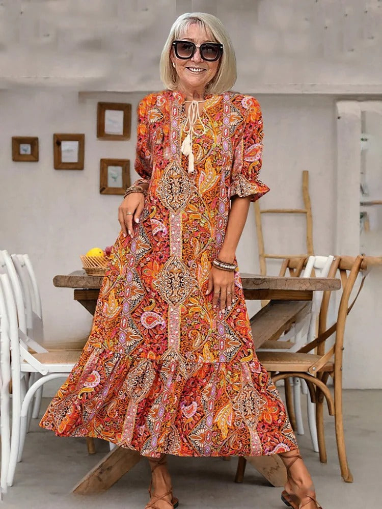 REVAYA – BOHEMIAN PAISLEY TASSEL TIE DRESS