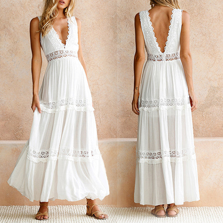 Nancy – Lace Back Maxi Dress with V-Neck