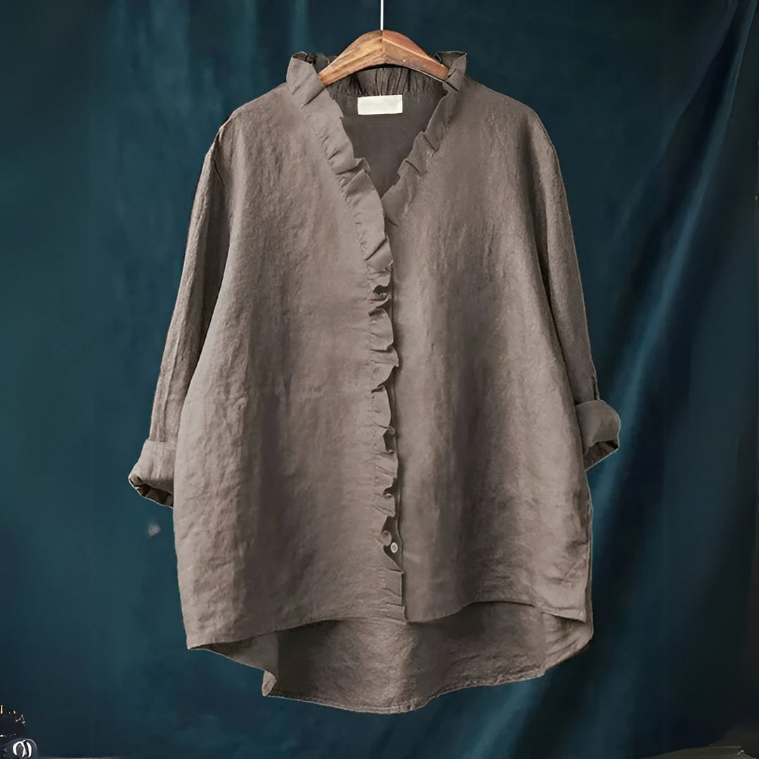 NOLA – RUFFLED BUTTON-FRONT LINEN BLOUSE